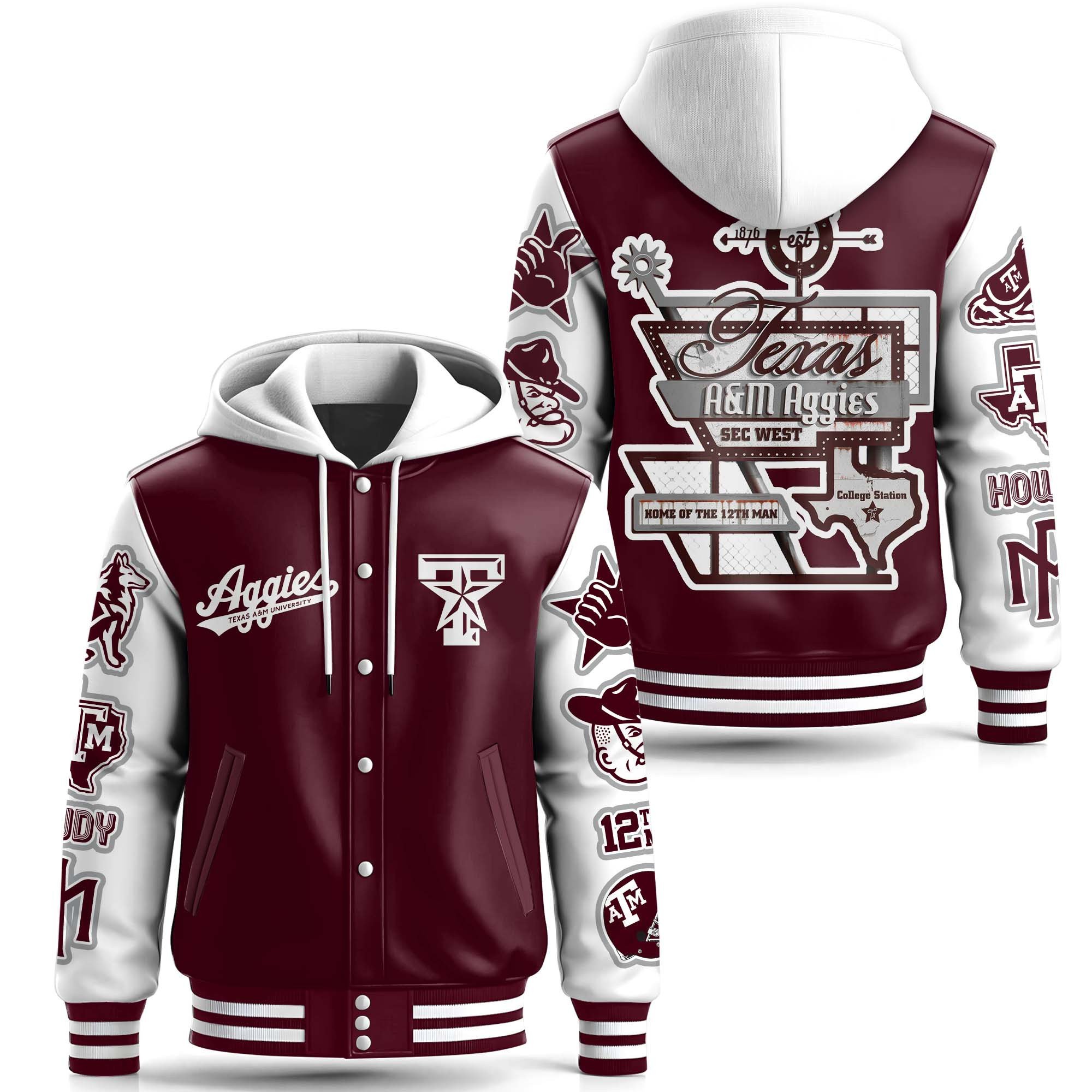Texas A&M Aggies NCAA Style Leather Baseball Jacket With Hooded For Fans