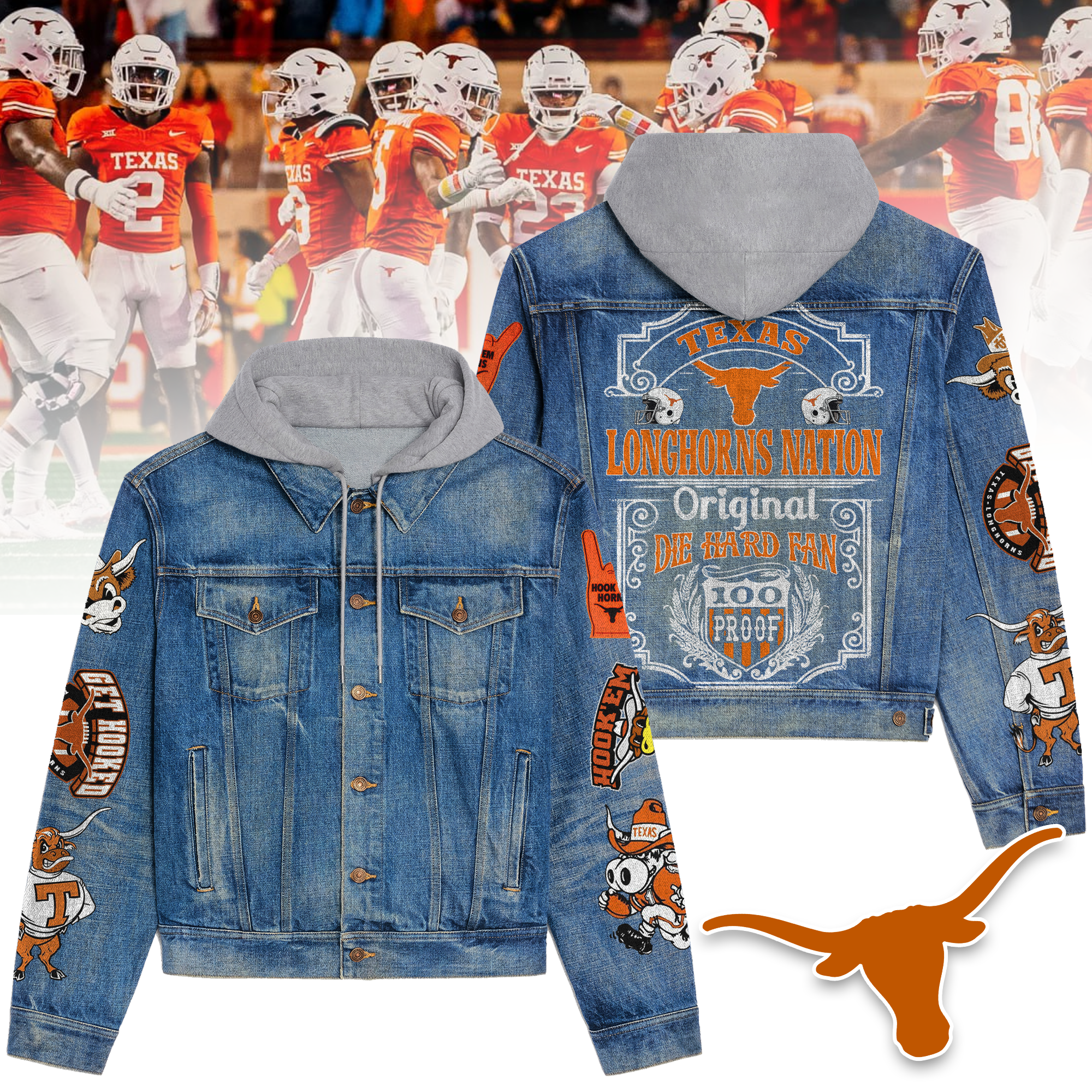Texas Longhorns NCAA Style Hooded Denim Jacket For Fans