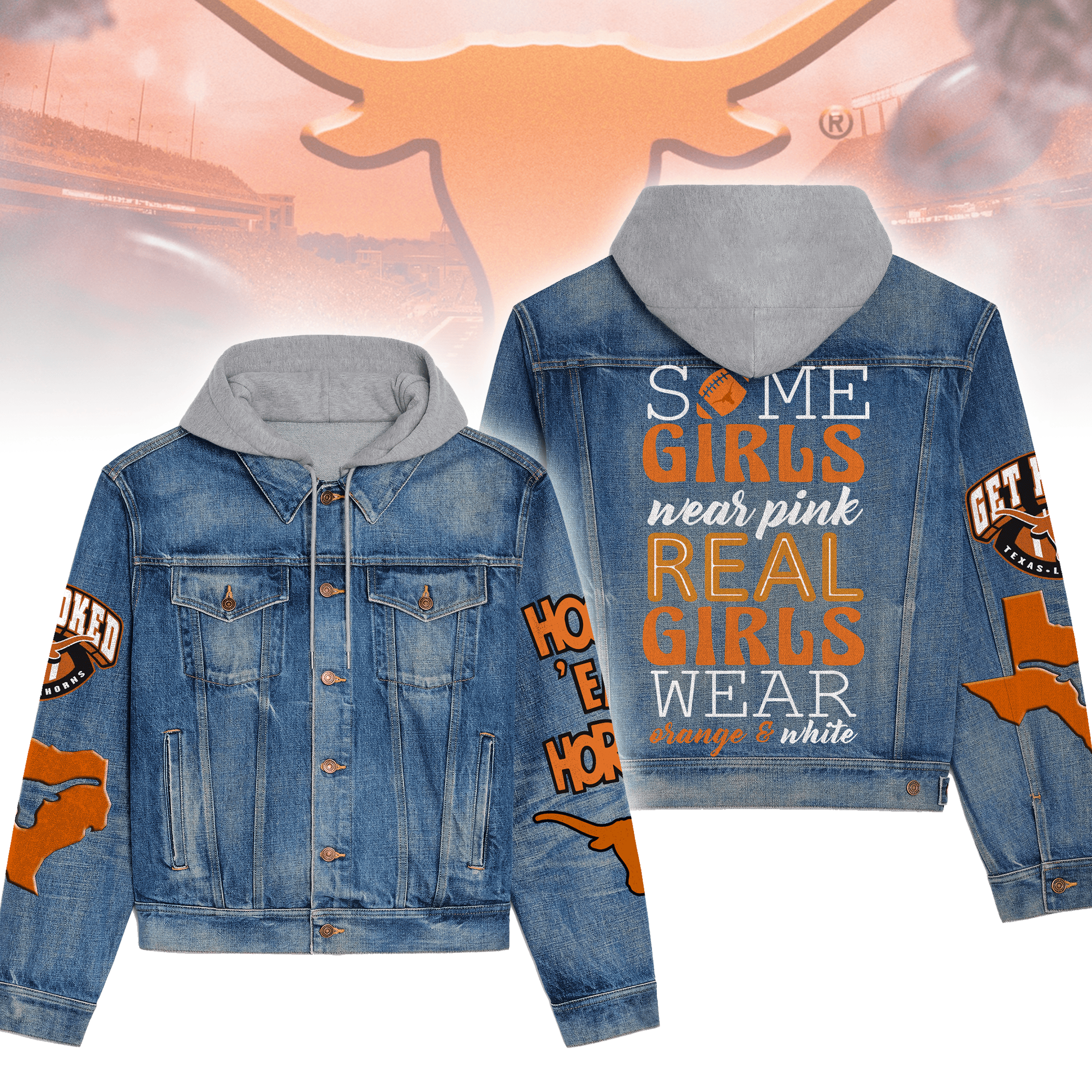 Texas Longhorns NCAA Style Hooded Denim Jacket For Fans