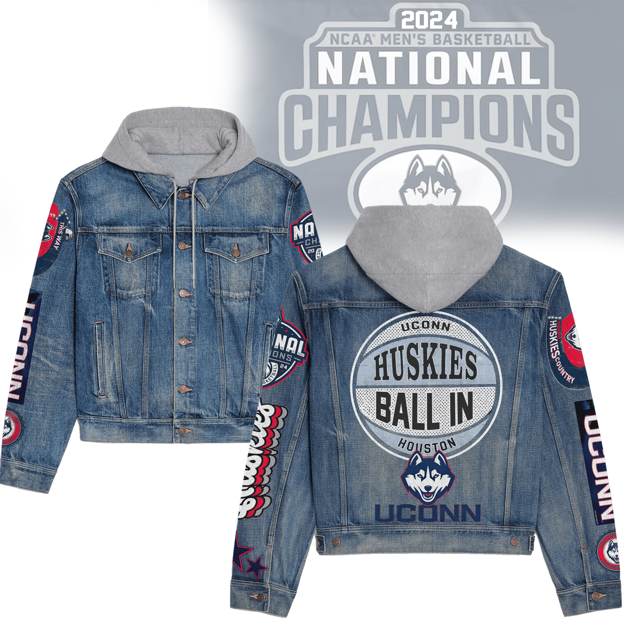 UConn Huskies NCAA Style Hooded Denim Jacket For Fans