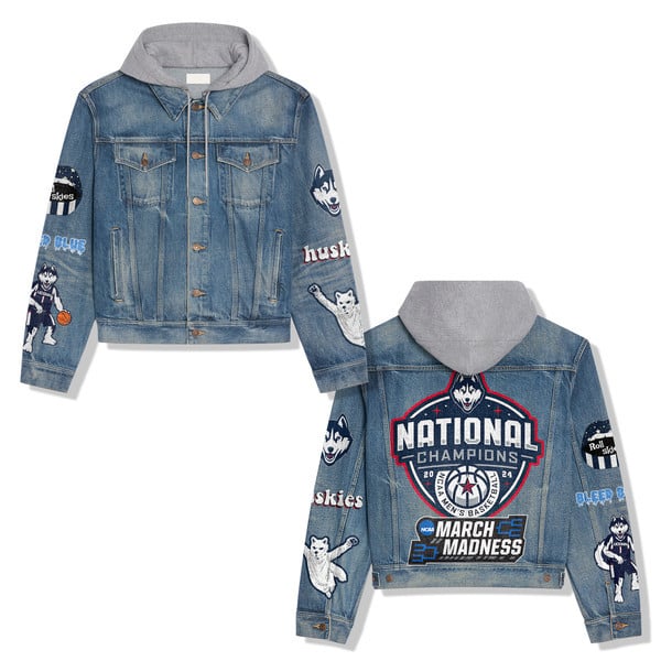 UConn Huskies NCAA Style Hooded Denim Jacket For Fans