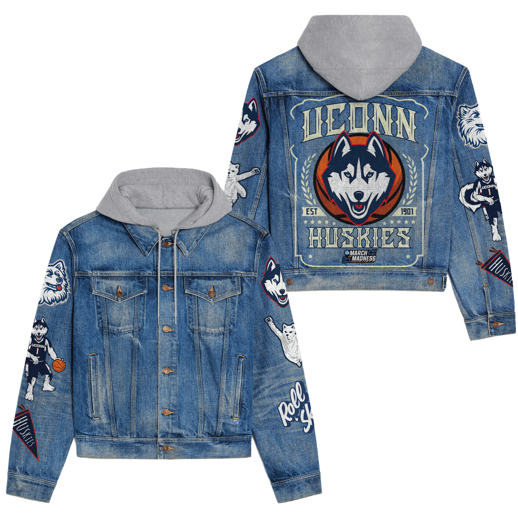 UConn Huskies NCAA Style Hooded Denim Jacket For Fans