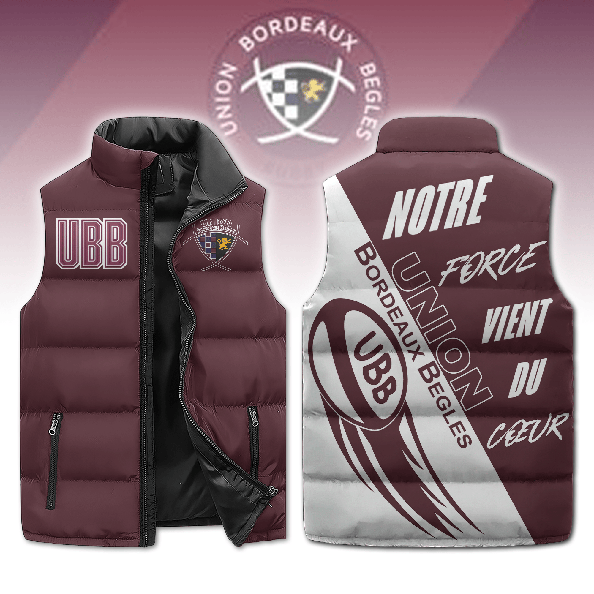 Union Bordeaux Bègles Top 14 Style Sleeveless Puffer Jacket For Fans
