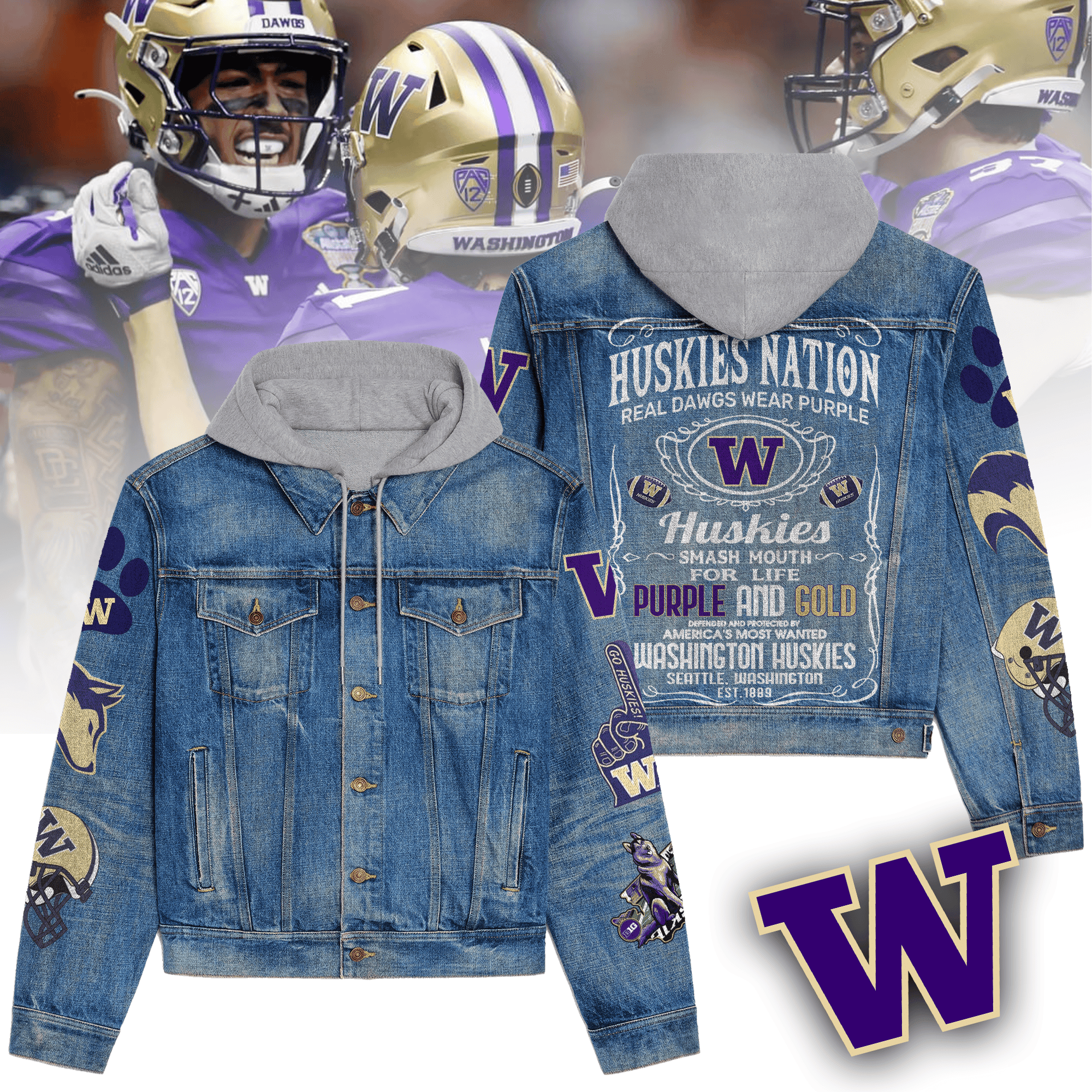 Washington Huskies NCAA Style Hooded Denim Jacket For Fans