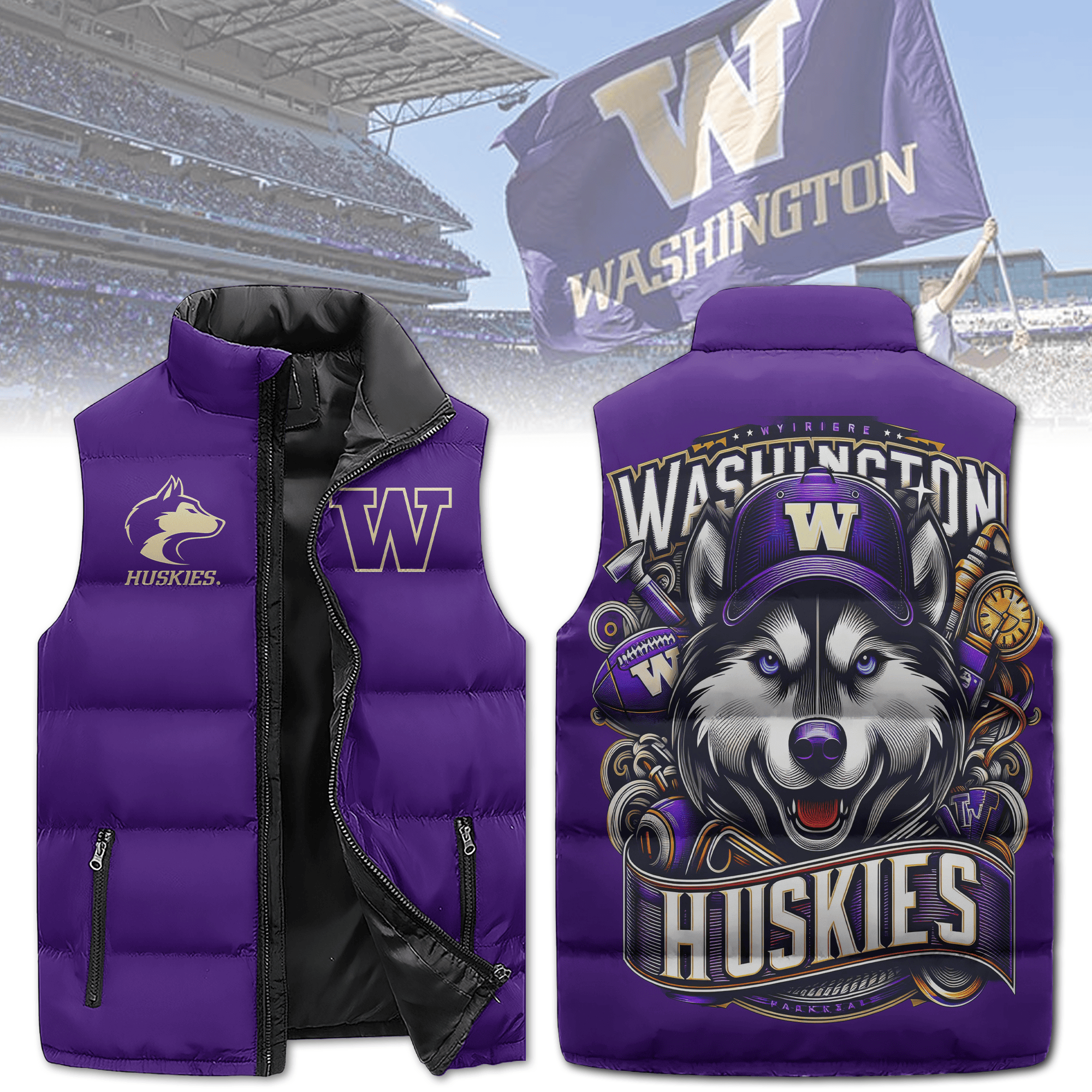 Washington Huskies NCAA Style Sleeveless Puffer Jacket For Fans