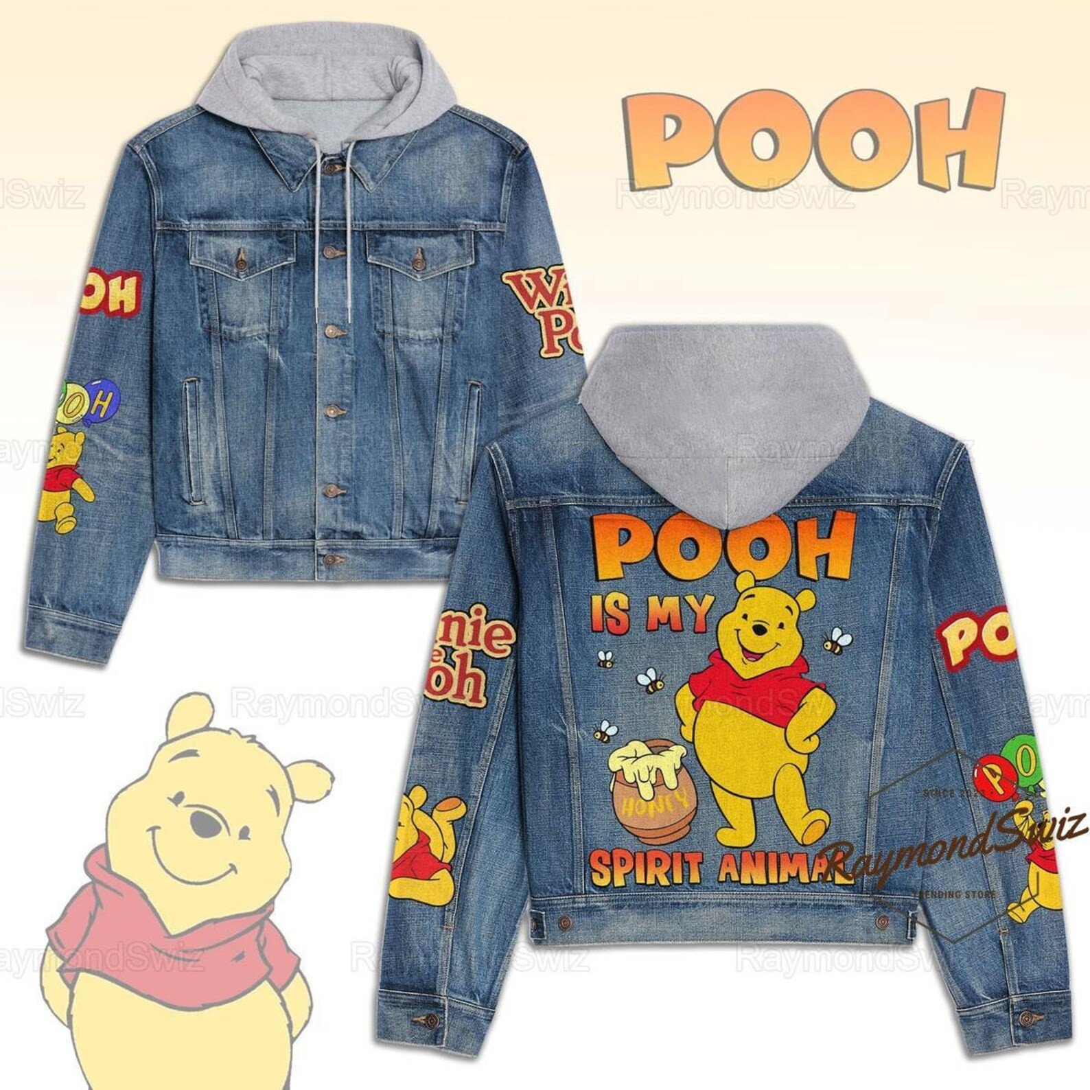 Winnie the Pooh Cartoon Style Hooded Denim Jacket For Fans