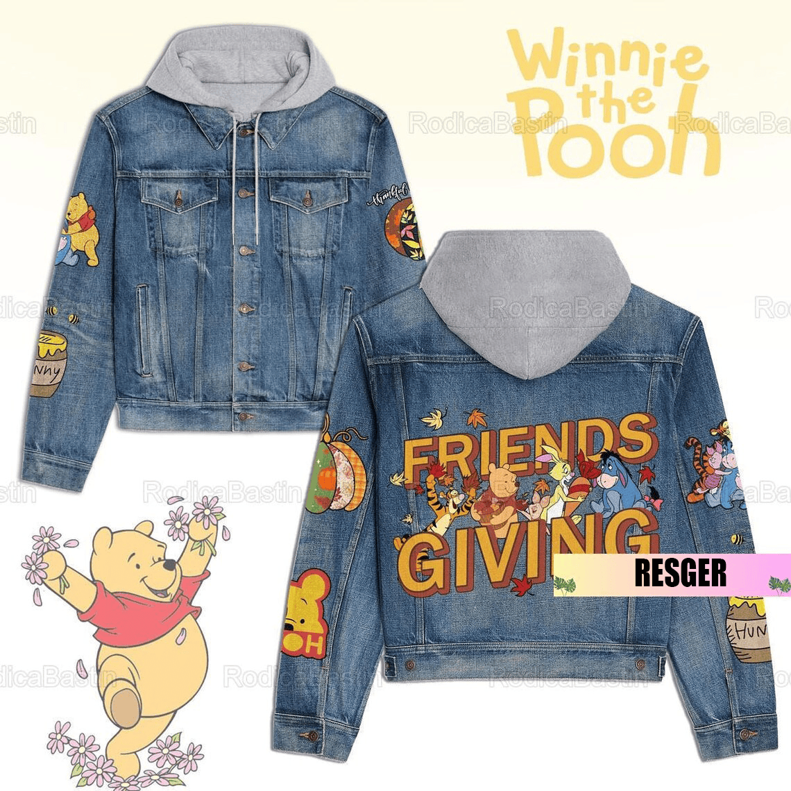 Winnie the Pooh Cartoon Style Hooded Denim Jacket For Fans