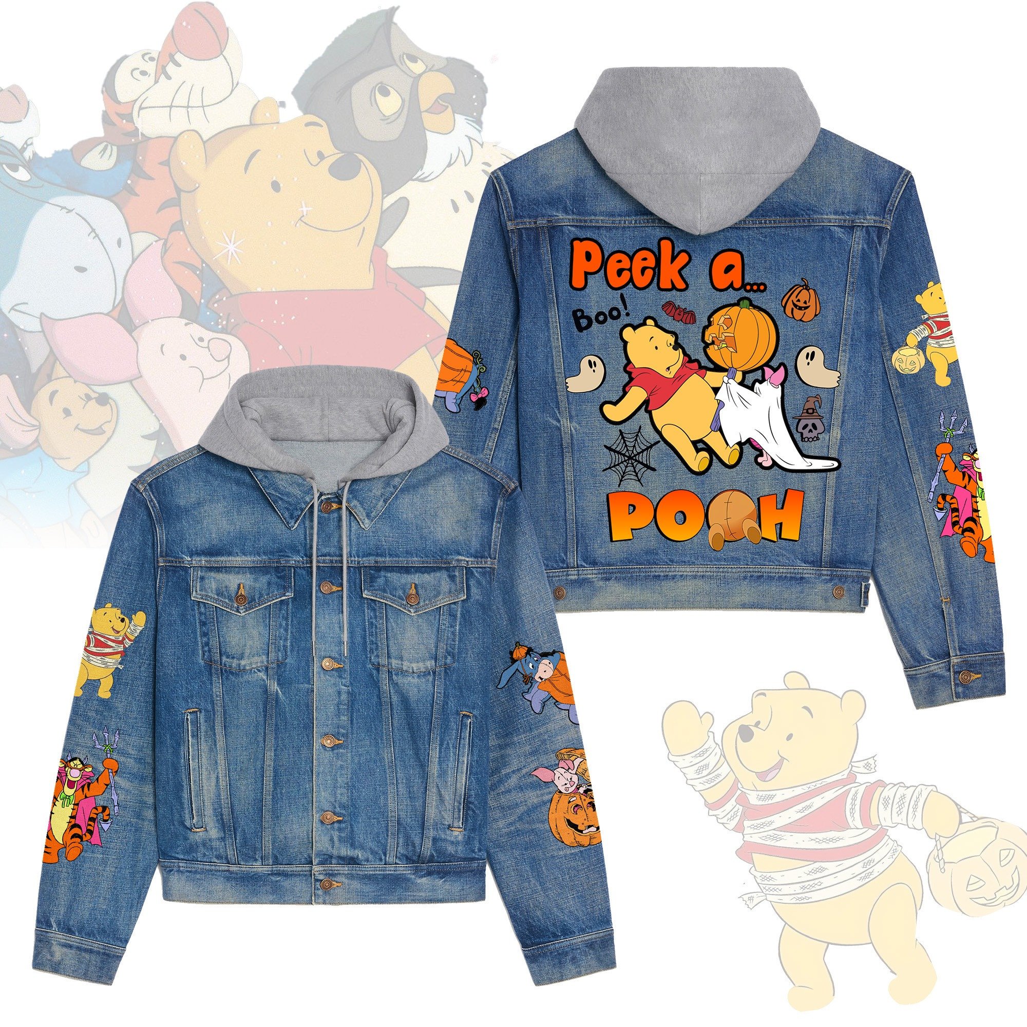 Winnie the Pooh Cartoon Style Hooded Denim Jacket For Fans