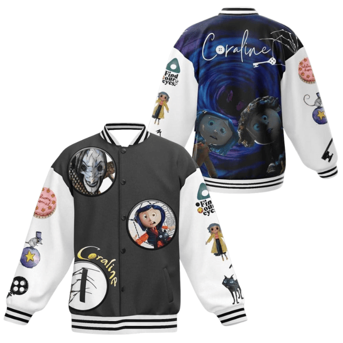 Coraline Cartoon Style Baseball Jacket For Fans