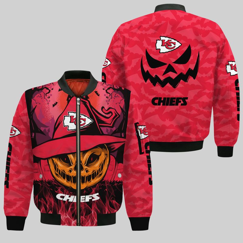 Kansas City Chiefs Smiling Pumpkin Halloween Style Bomber Jacket For Fans